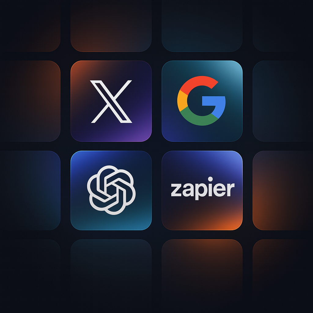 Integration logos for X, Google, ChatGPT, and Zapier